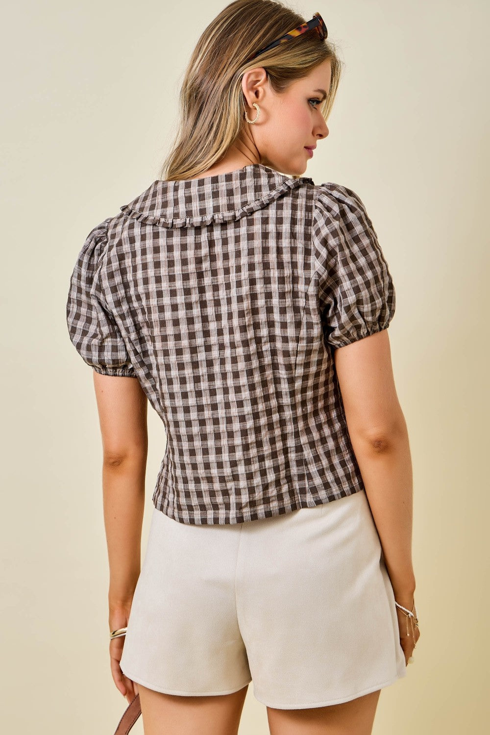 Espresso Gingham Ruffle Collar Puff-Sleeve Blouse