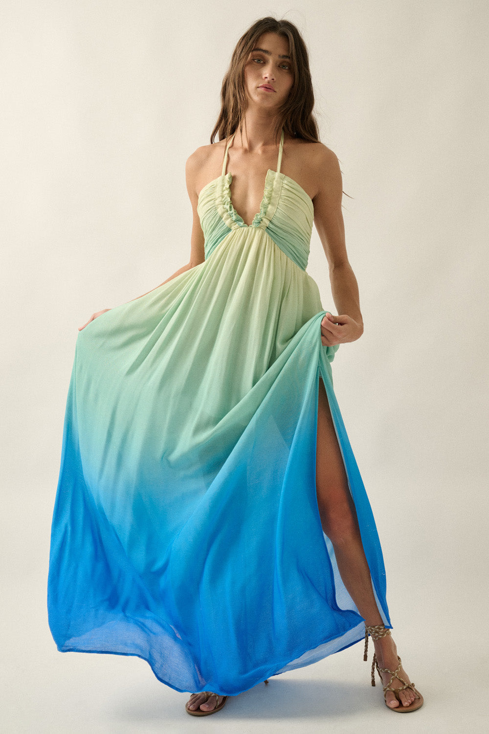 Ombre Halter Neck Maxi Dress - Blue