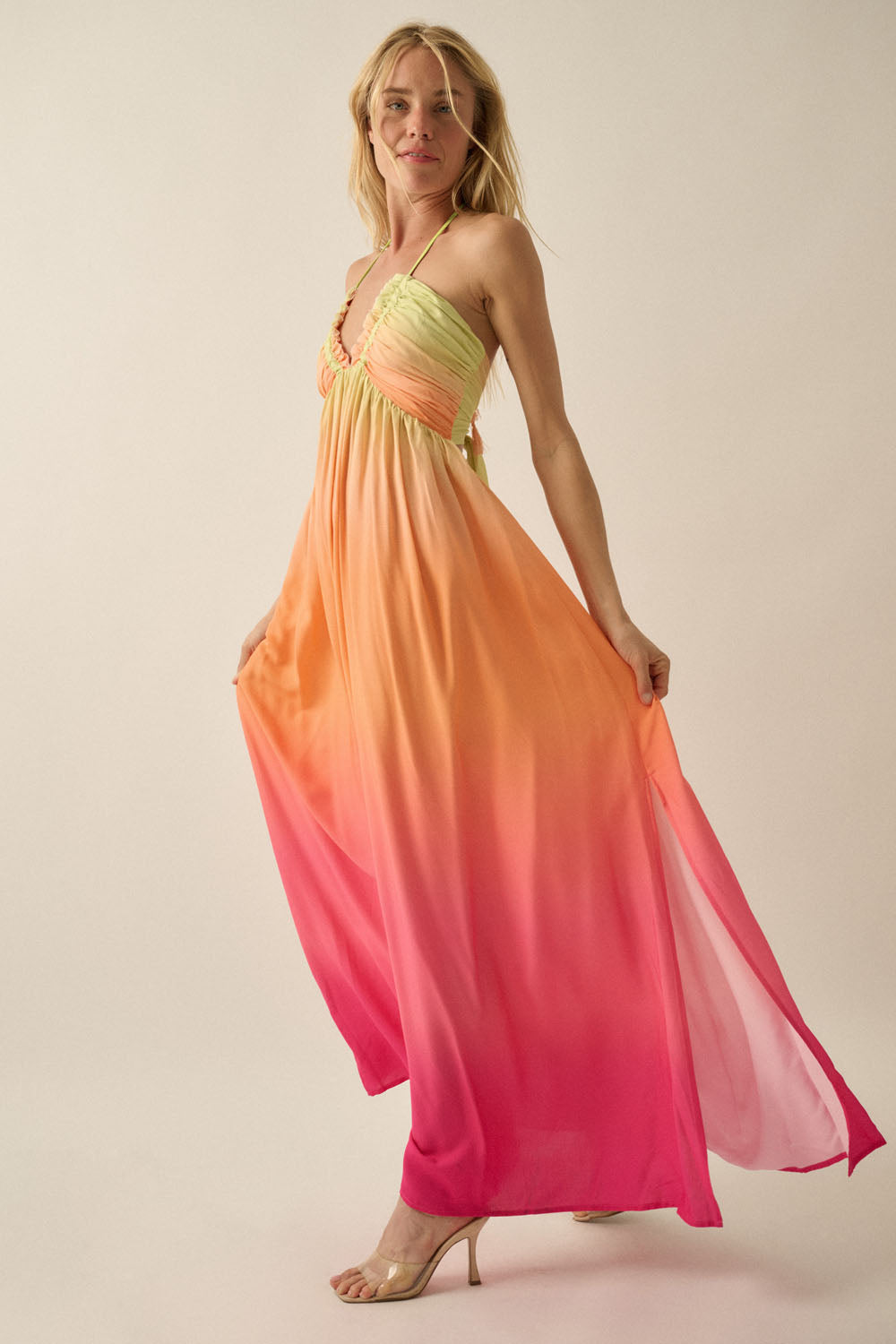 Ombre Halter Neck Maxi Dress - Orange