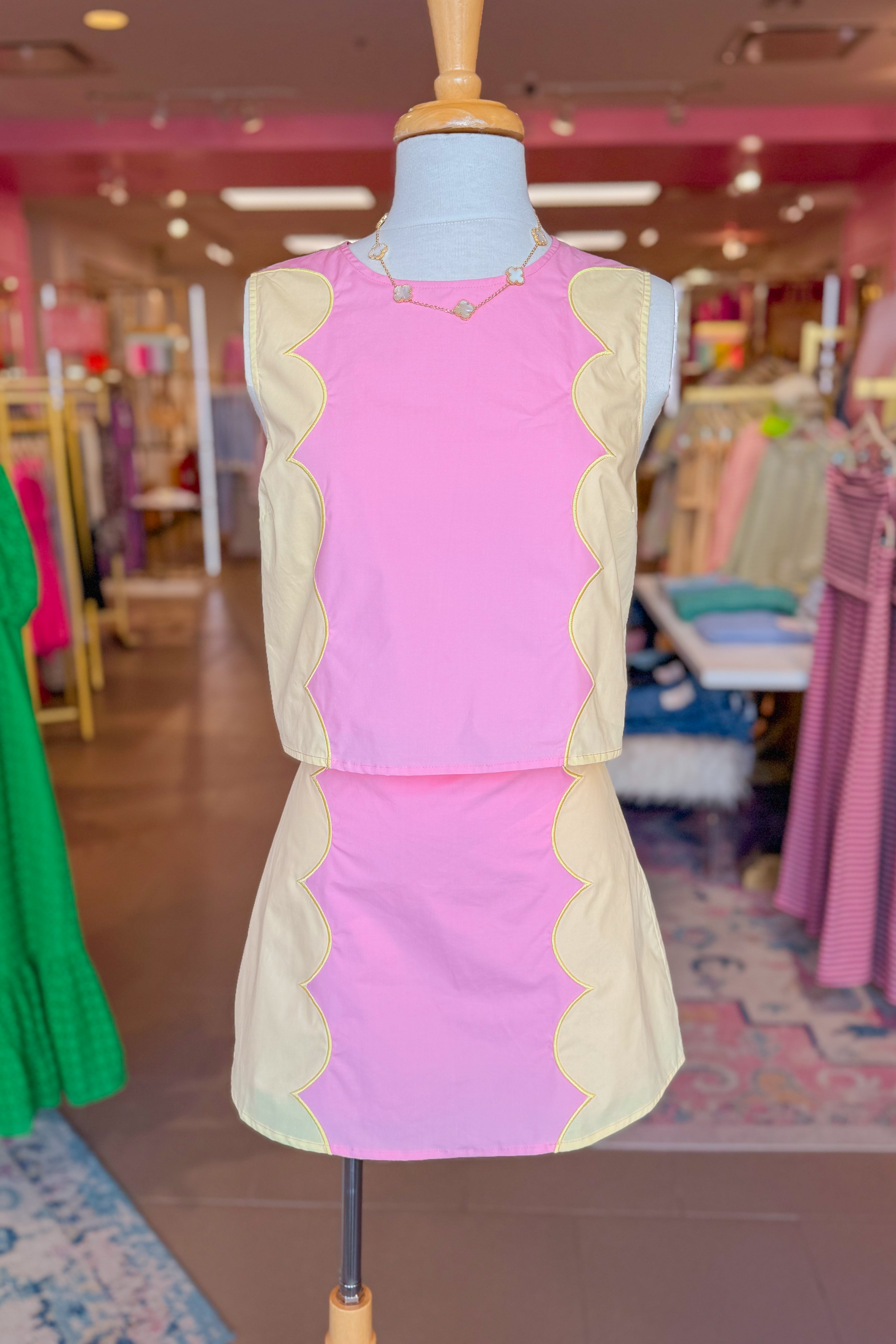 Pink and Yellow Scallop Detail Mini Skirt Set