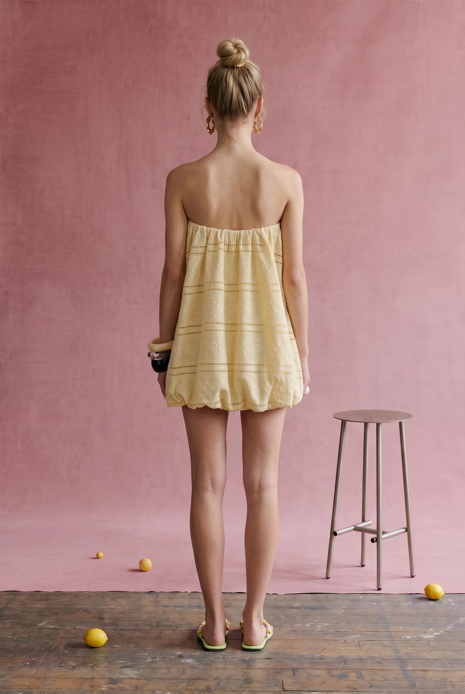 Yellow Embroidered Eyelet Bubble Hem Tube Dress