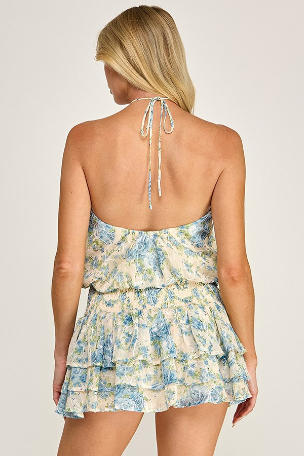 Blue Floral Chiffon Sequin Halter Mini Romper