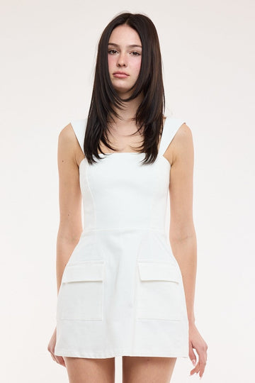 Square Neck Front Pocket Mini Dress - White