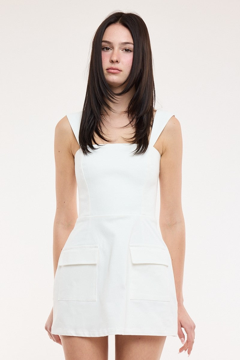 Square Neck Front Pocket Mini Dress - White