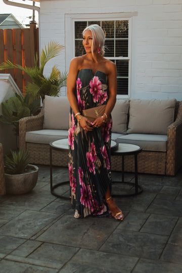 Green Floral Pleated Column Maxi Dress