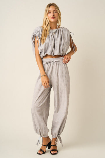 Grey Textured Crop Top and Jogger Set