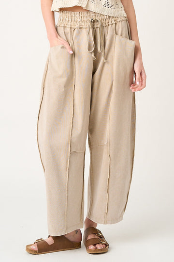 Taupe Mineral Wash French Terry Barrel Leg Pants