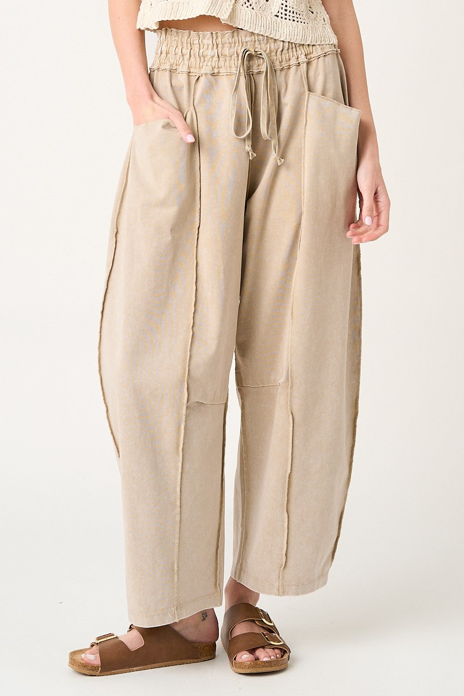 Taupe Mineral Wash French Terry Barrel Leg Pants