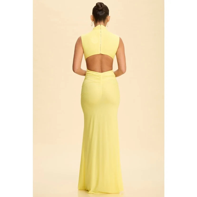 Butter Yellow Mock Neck Ruched Sheer Open Back Maxi Dress