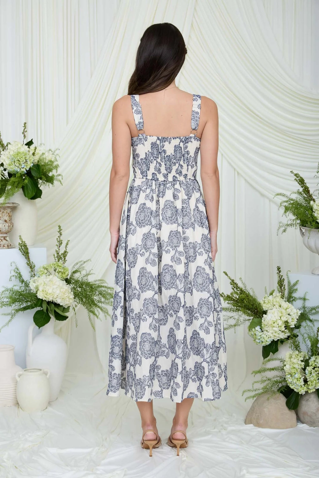 Navy Blue Jacquard Floral Maxi Dress