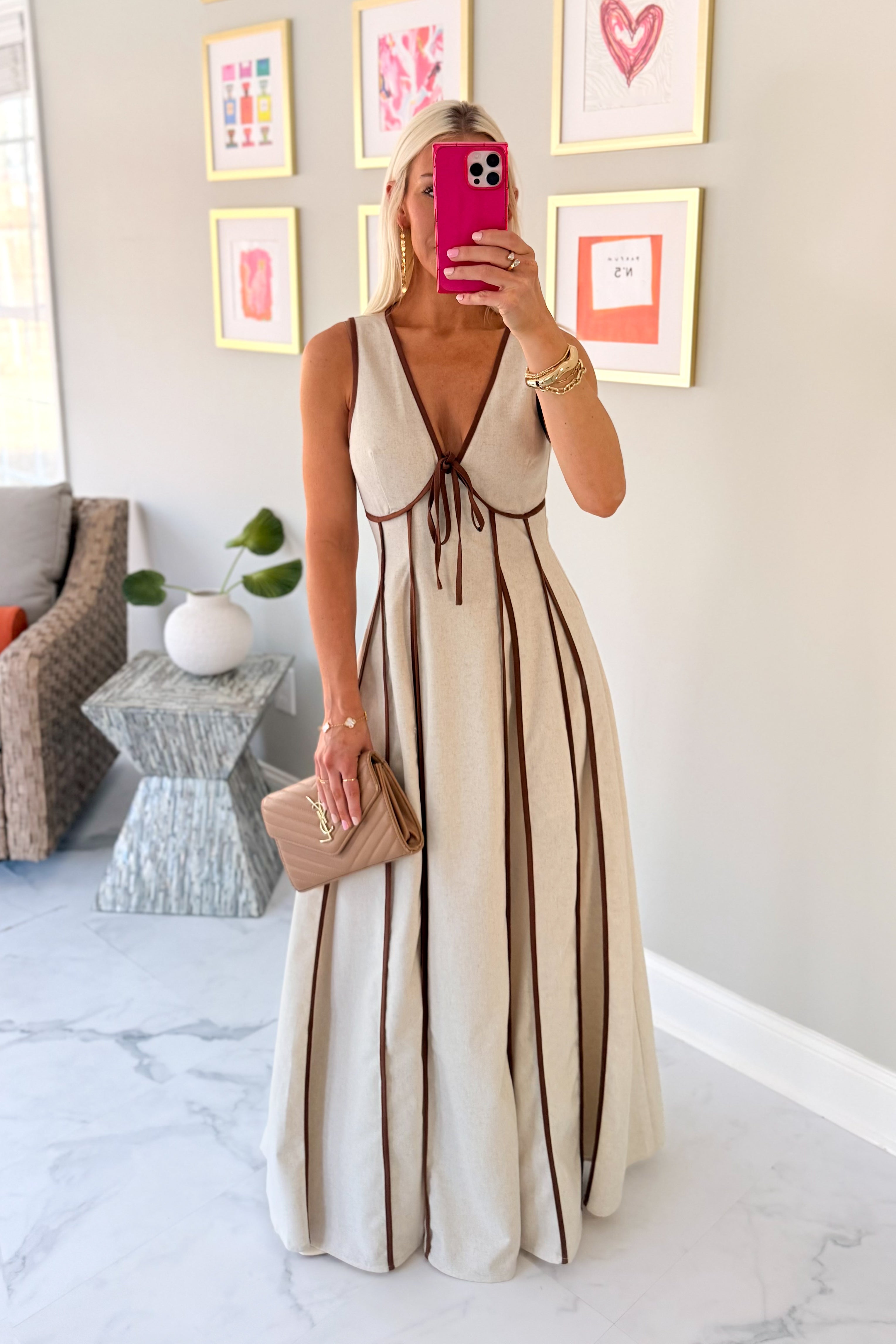 Brown Contrasting Linen Maxi Dress