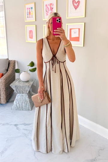 Brown Contrasting Linen Maxi Dress