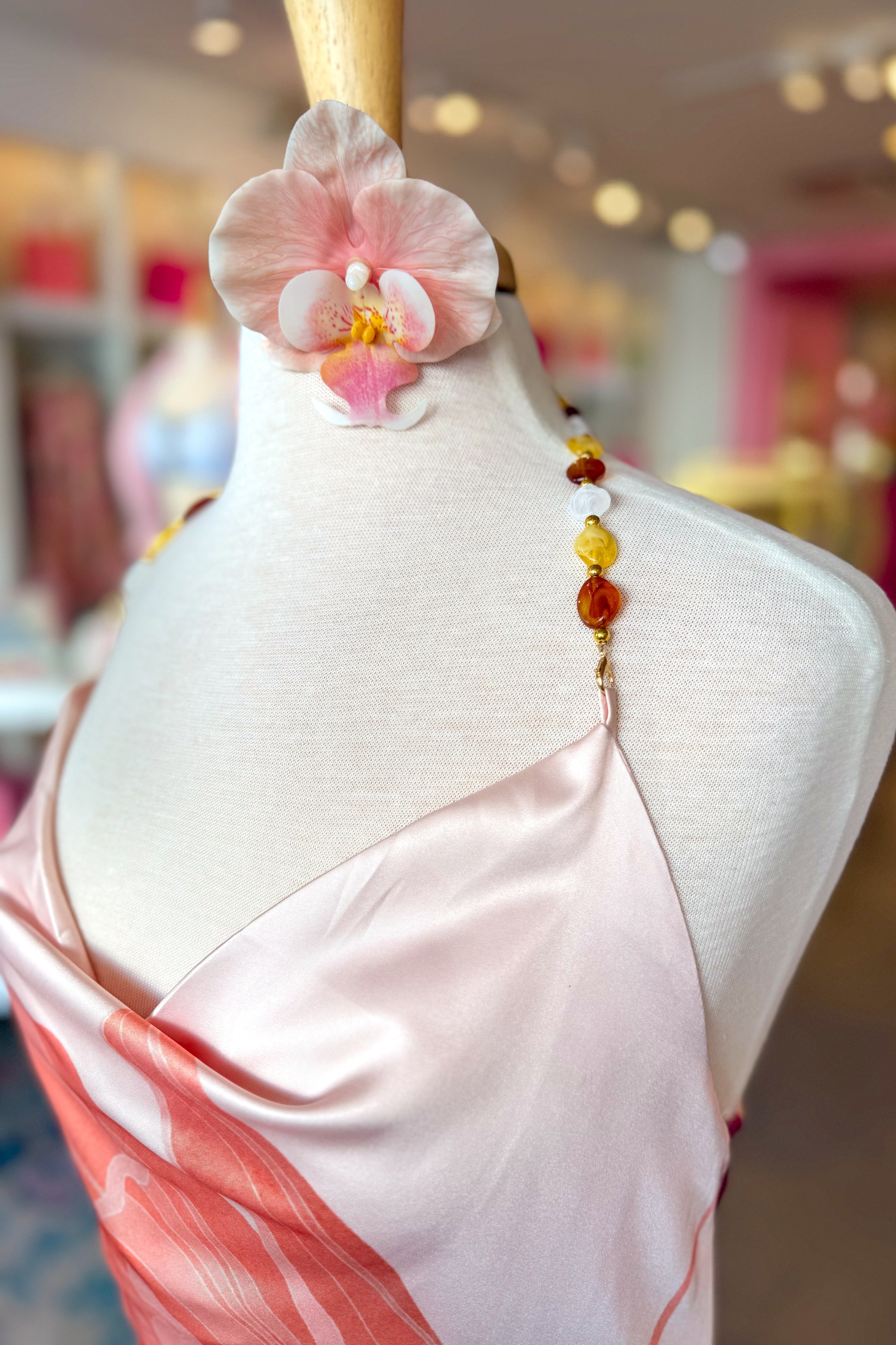 Pink Satin Hibiscus Flower Maxi Dress
