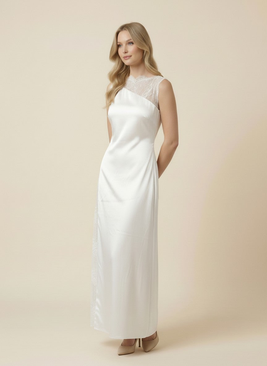 Ivory Satin Maxi Dress with Lace Detail