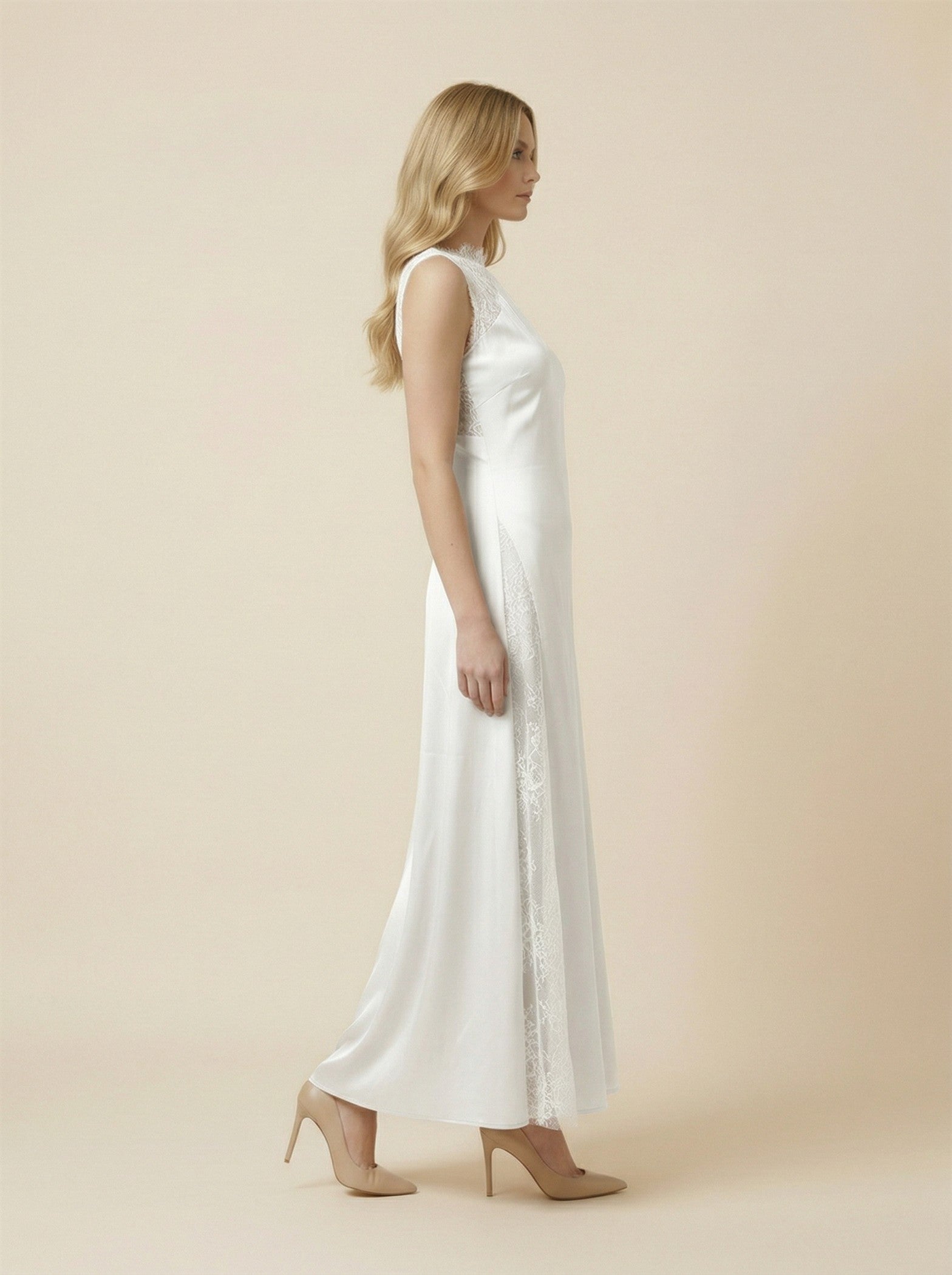 Ivory Satin Maxi Dress with Lace Detail