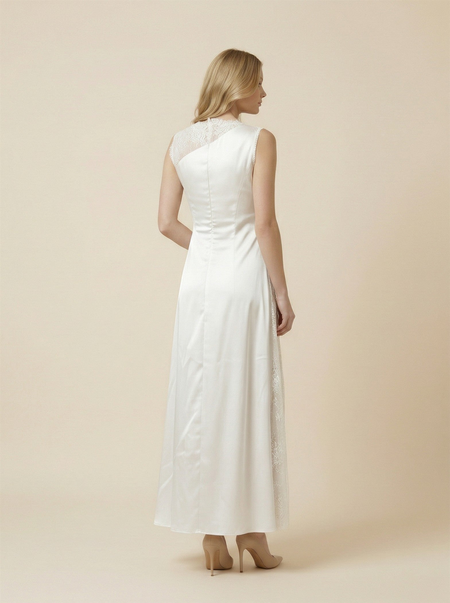 Ivory Satin Maxi Dress with Lace Detail