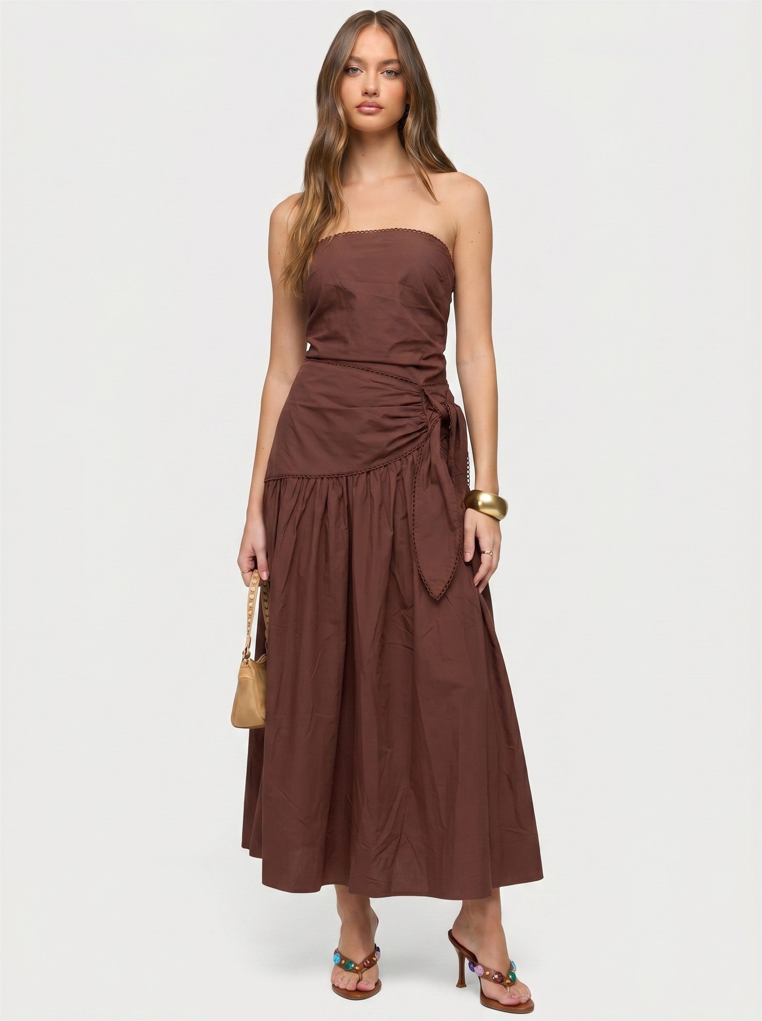 Brown Strapless Side Tie Cotton Midi Dress