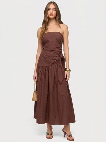 Brown Strapless Side Tie Cotton Midi Dress