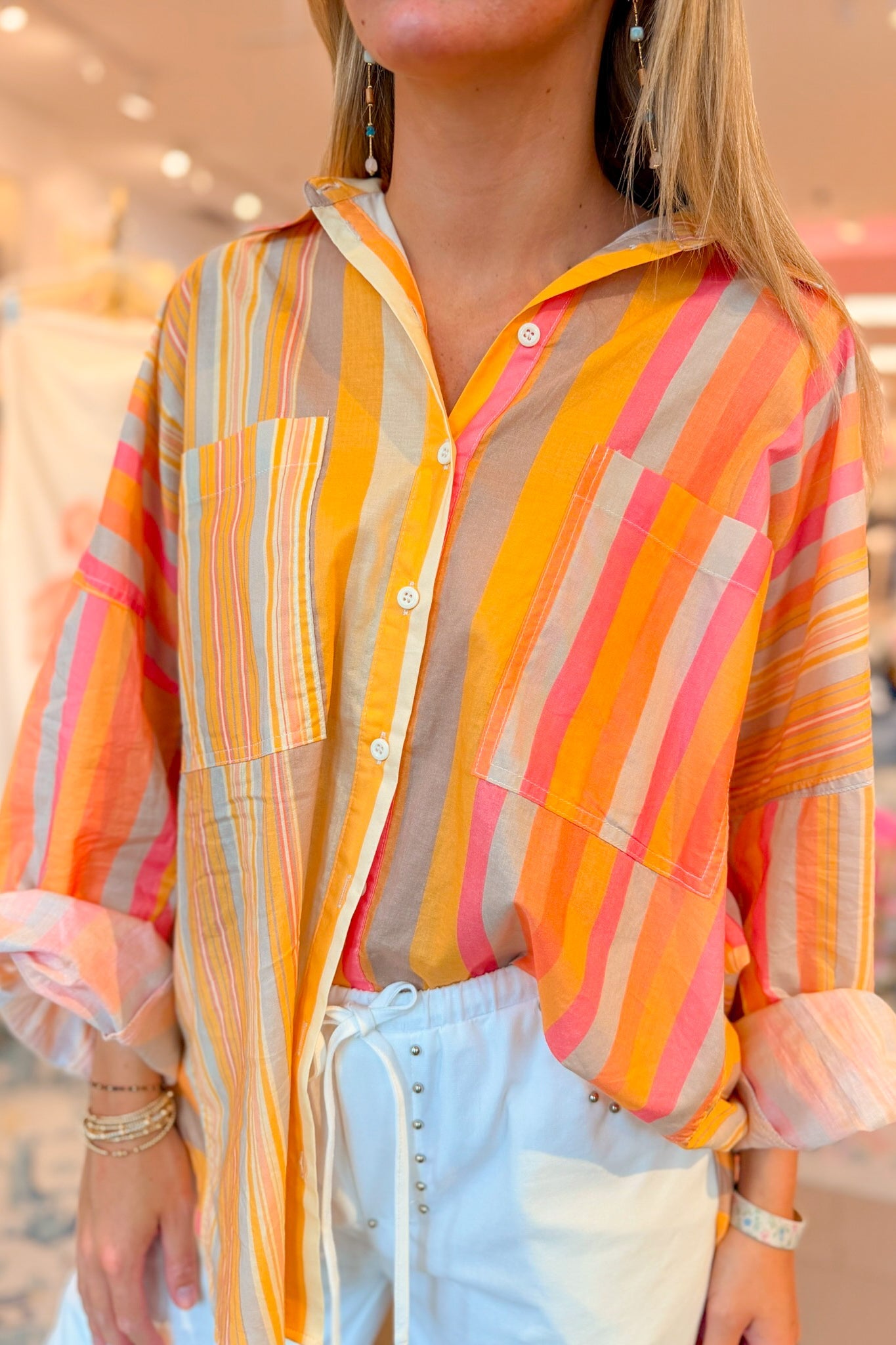 Multi Color Sunset Striped Oversized Button Up Shirt