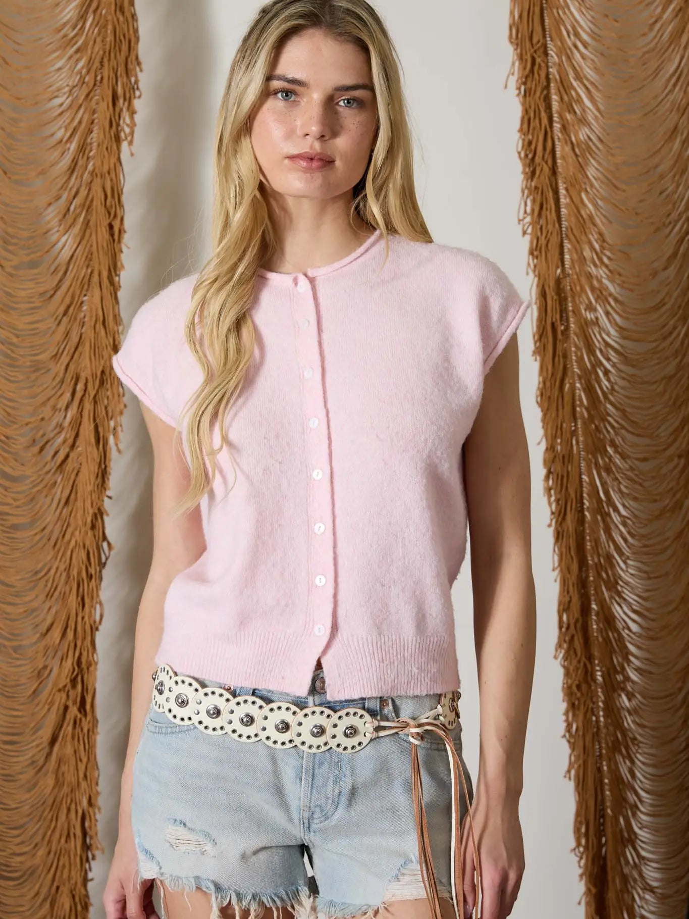 Soft Knit Button Down Sleeveless Cardigan Top - Pink