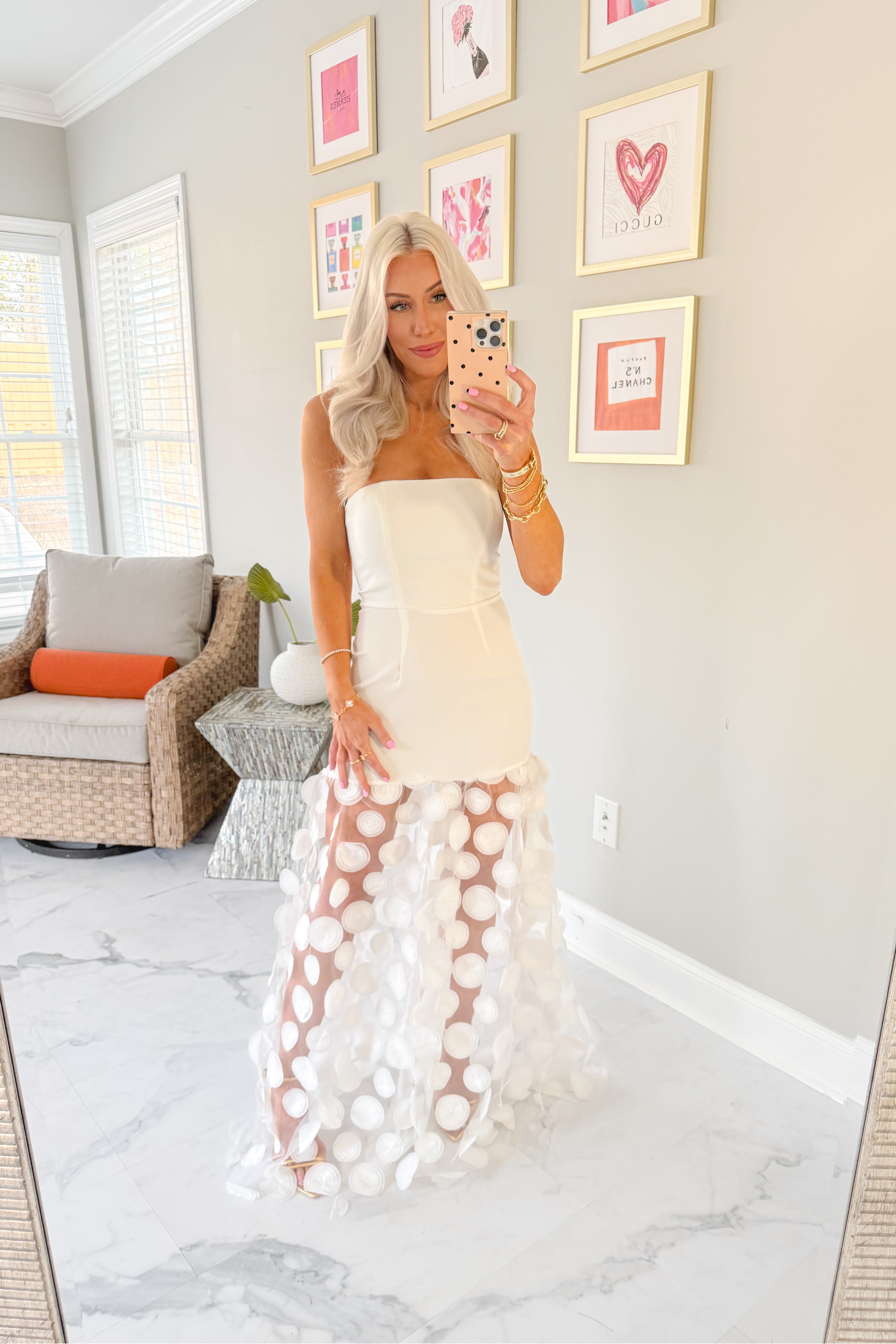 White Maxi Dress With Sheer Hem and Circle Appliqu¨¦ Detail