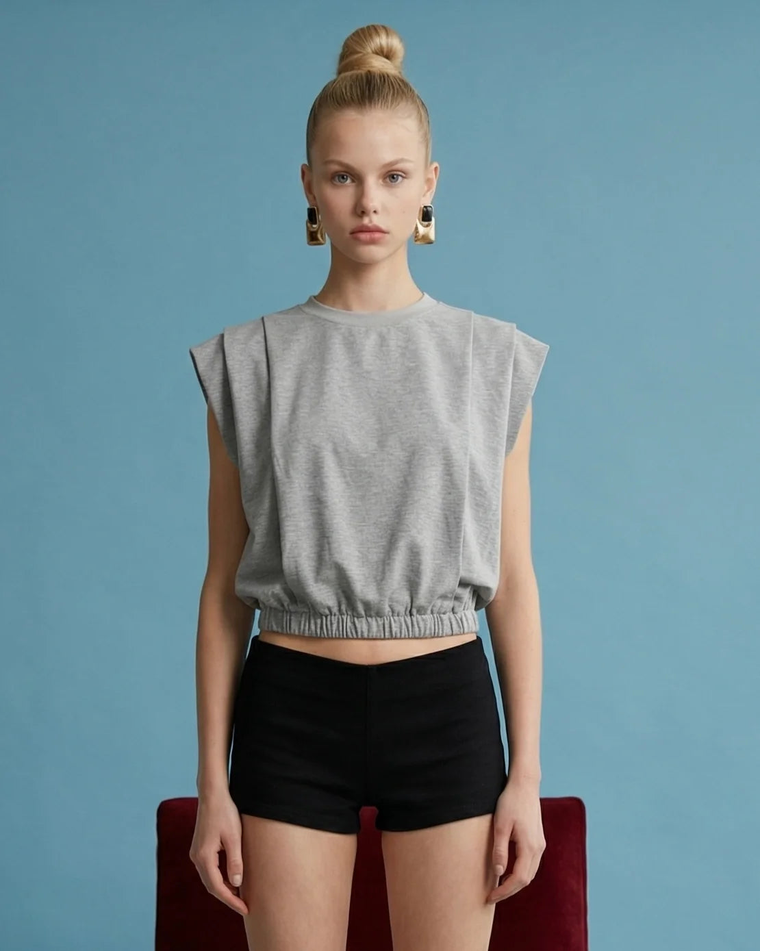 Pleated Shoulder Cropped Tee - Grey
