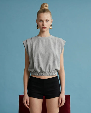 Pleated Shoulder Cropped Tee - Grey