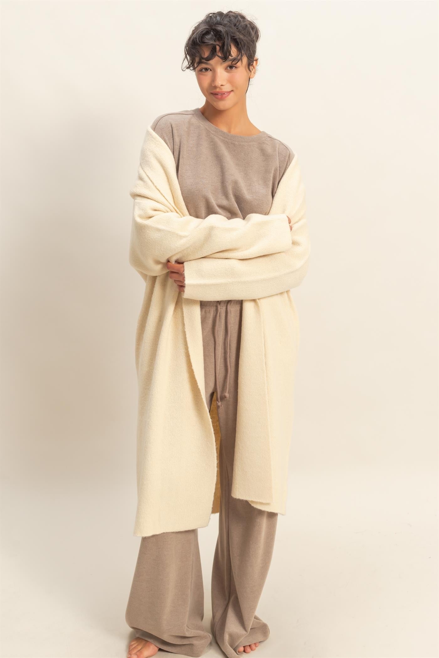 Beige Longline Open Front Knit Cardigan