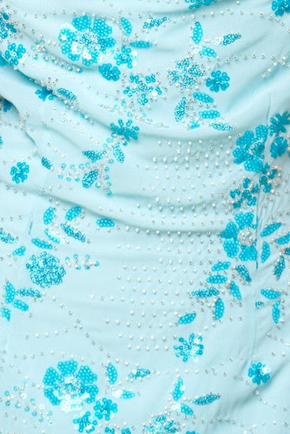 Floral Sequin Beaded Cowl Neck Mini Dress - Blue
