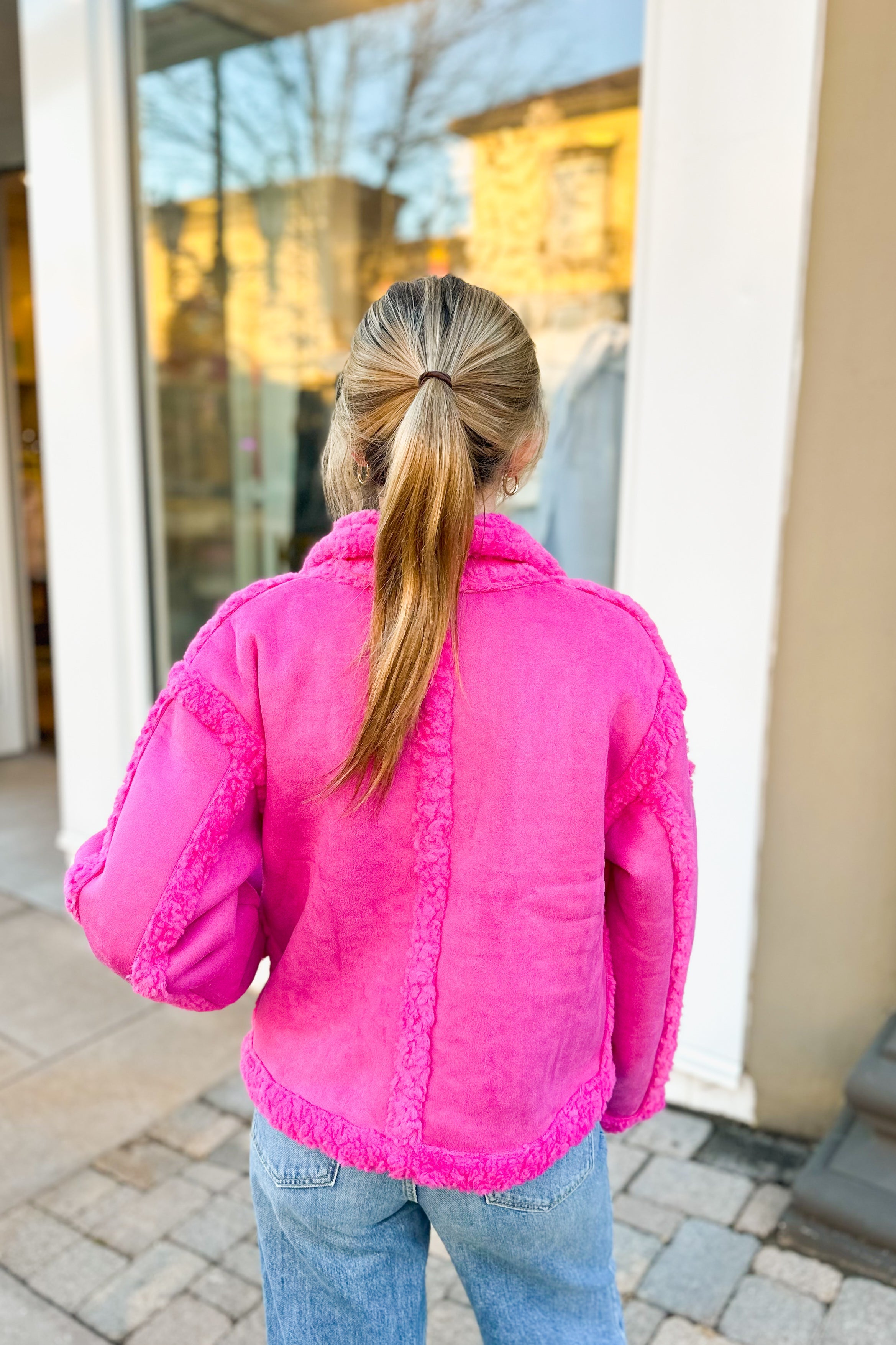 Hot Pink Shearling Contrast Jacket