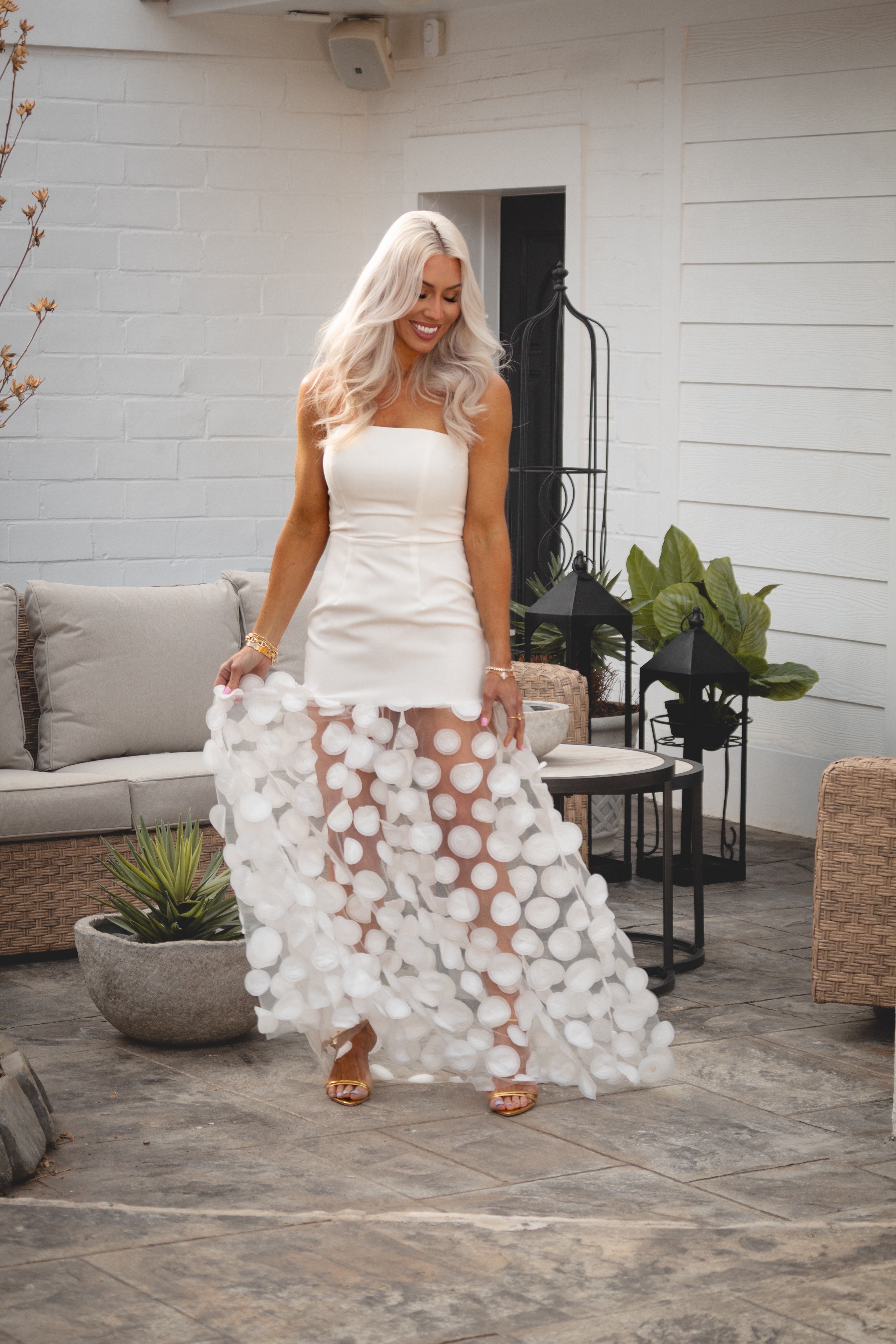 White Maxi Dress With Sheer Hem and Circle Appliqu¨¦ Detail