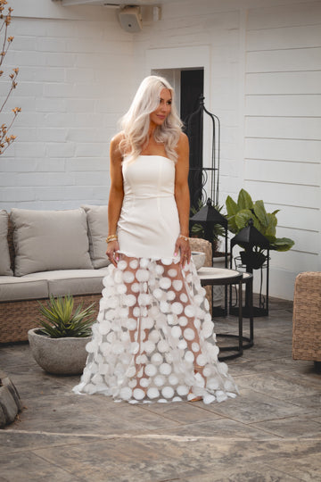White Maxi Dress With Sheer Hem and Circle Appliqu¨¦ Detail