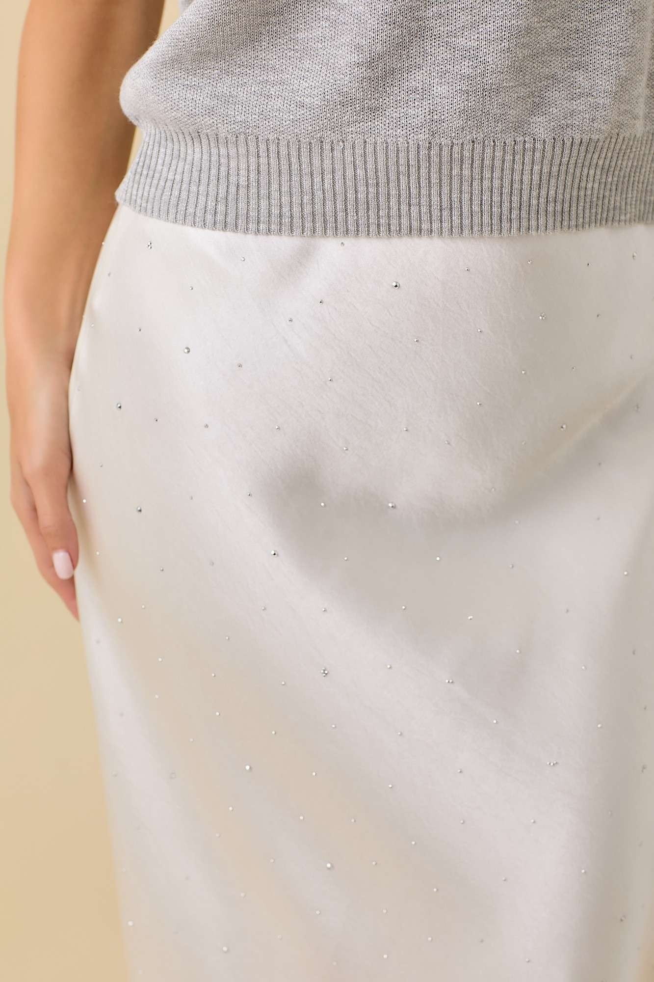 Ivory Rhinestone Embellished Satin Midi Skirt