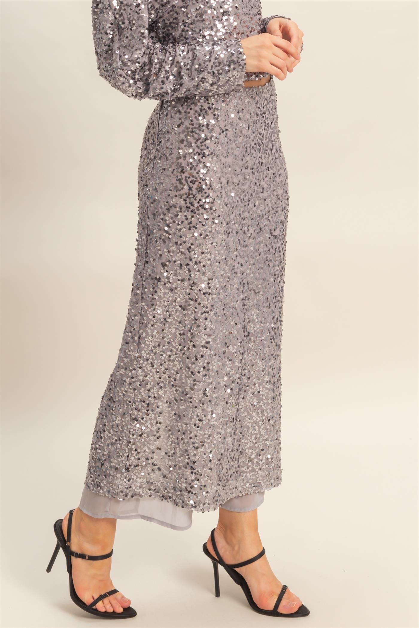 Silver Sequin Midi Skirt