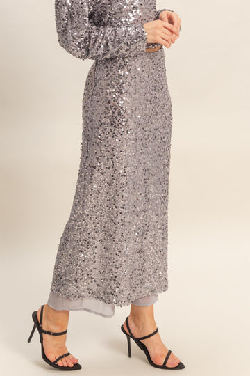 Silver Sequin Midi Skirt