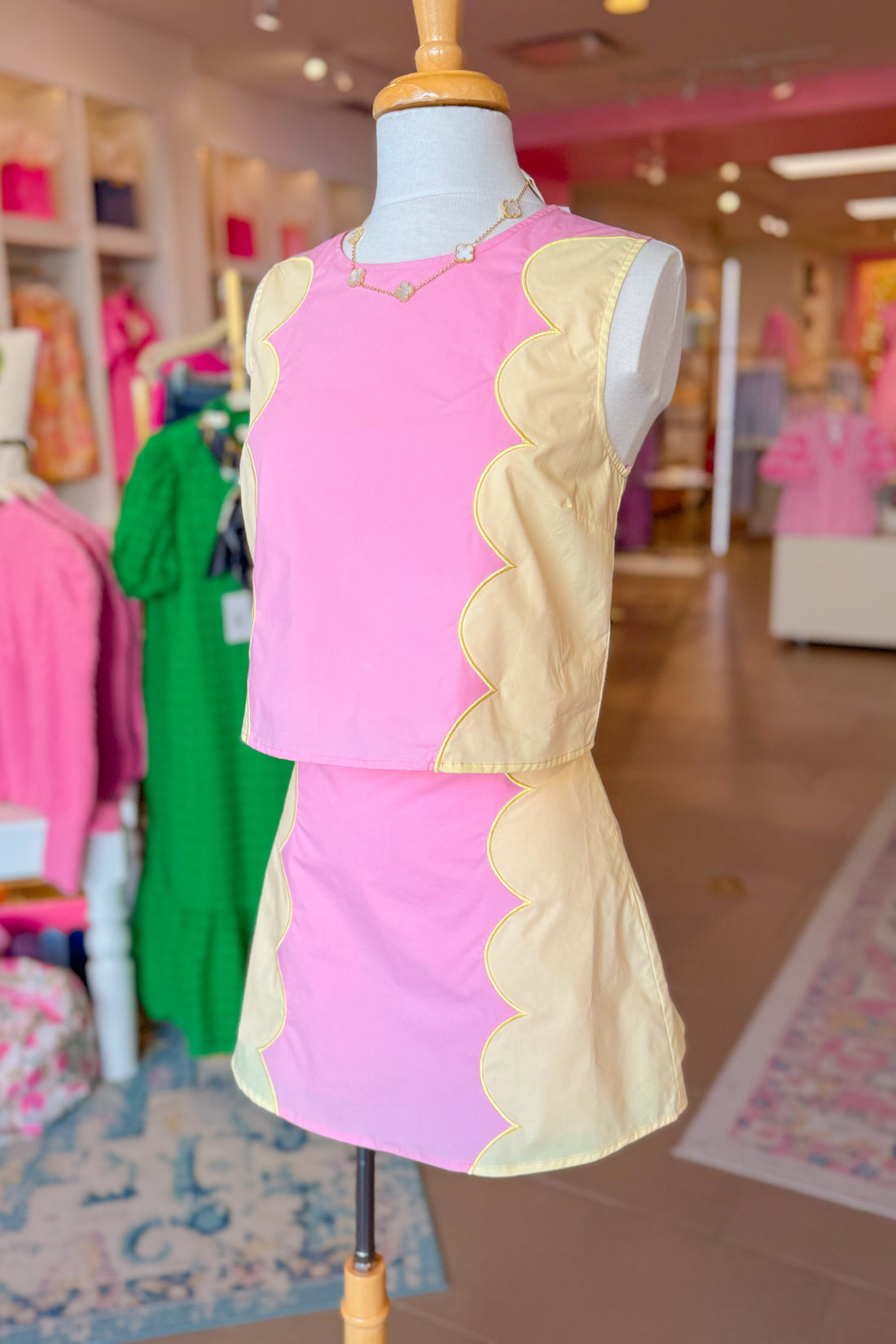 Pink and Yellow Scallop Detail Mini Skirt Set