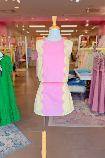 Pink and Yellow Scallop Detail Mini Skirt Set