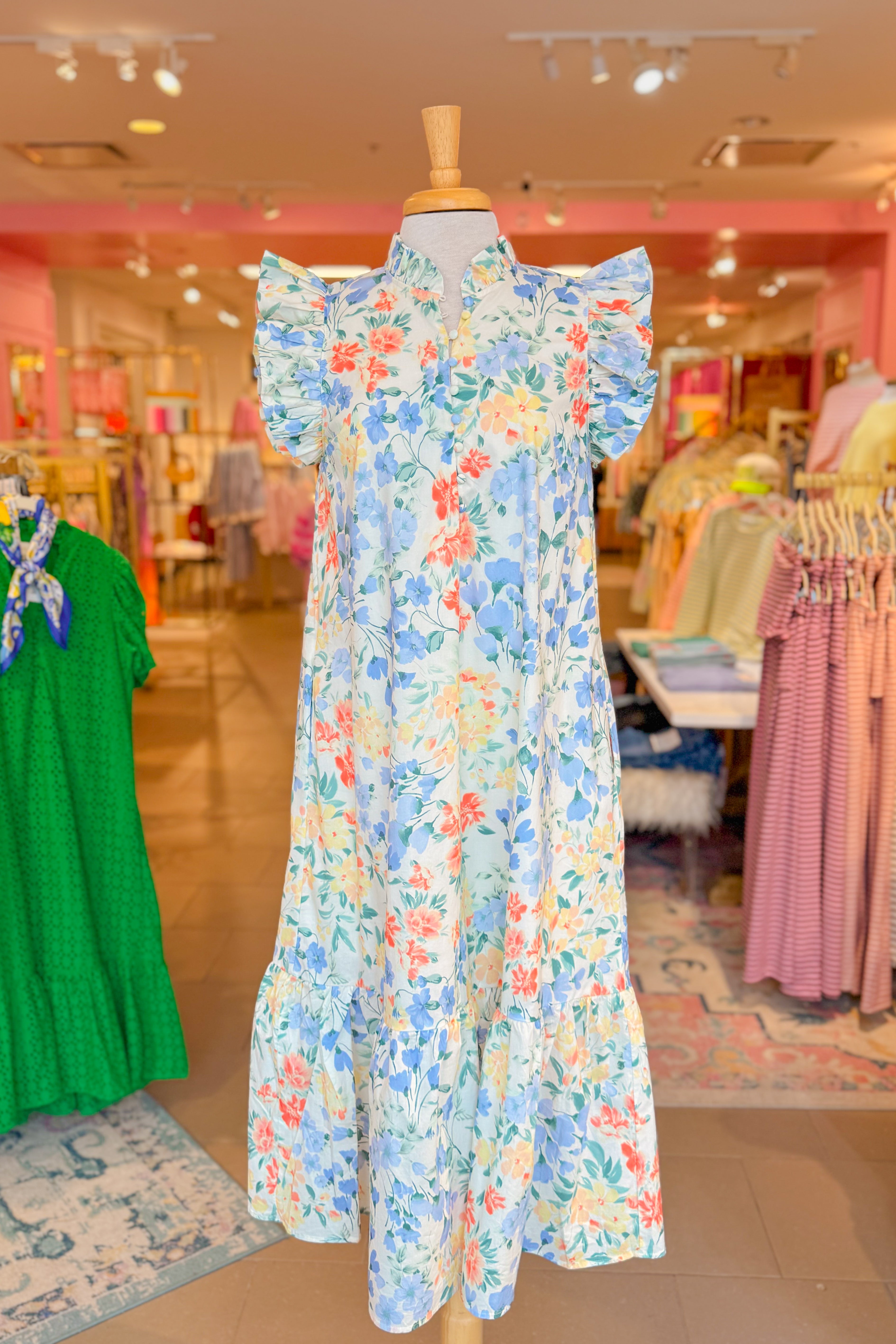 Pastel Floral  Ruffle Sleeve Maxi Dress