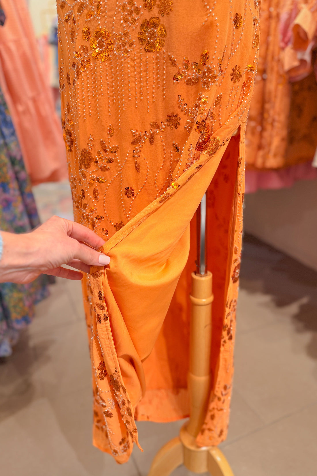 Orange Beaded Floral Maxi Skirt