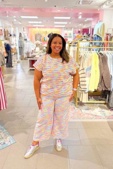Multi Color Boucle Short Sleeve Top and Pants Set