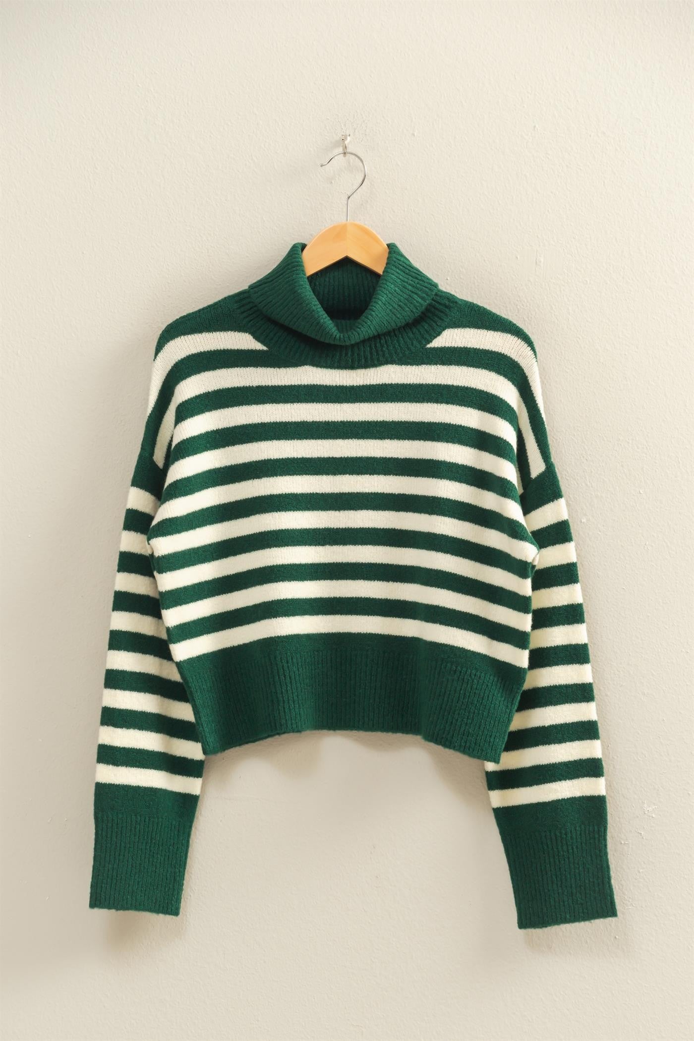 Green and Cream Striped Mock Neck Sweater