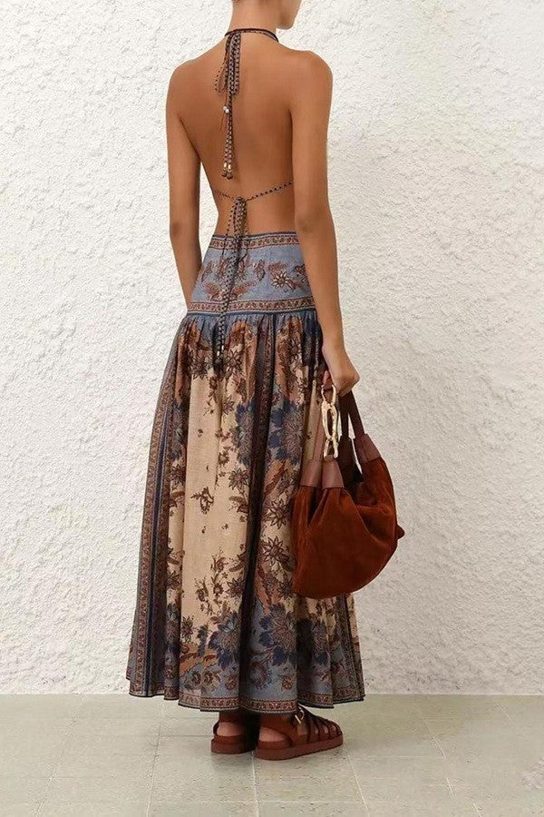 Bohemian Paisley Plunge Cutout Maxi Dress