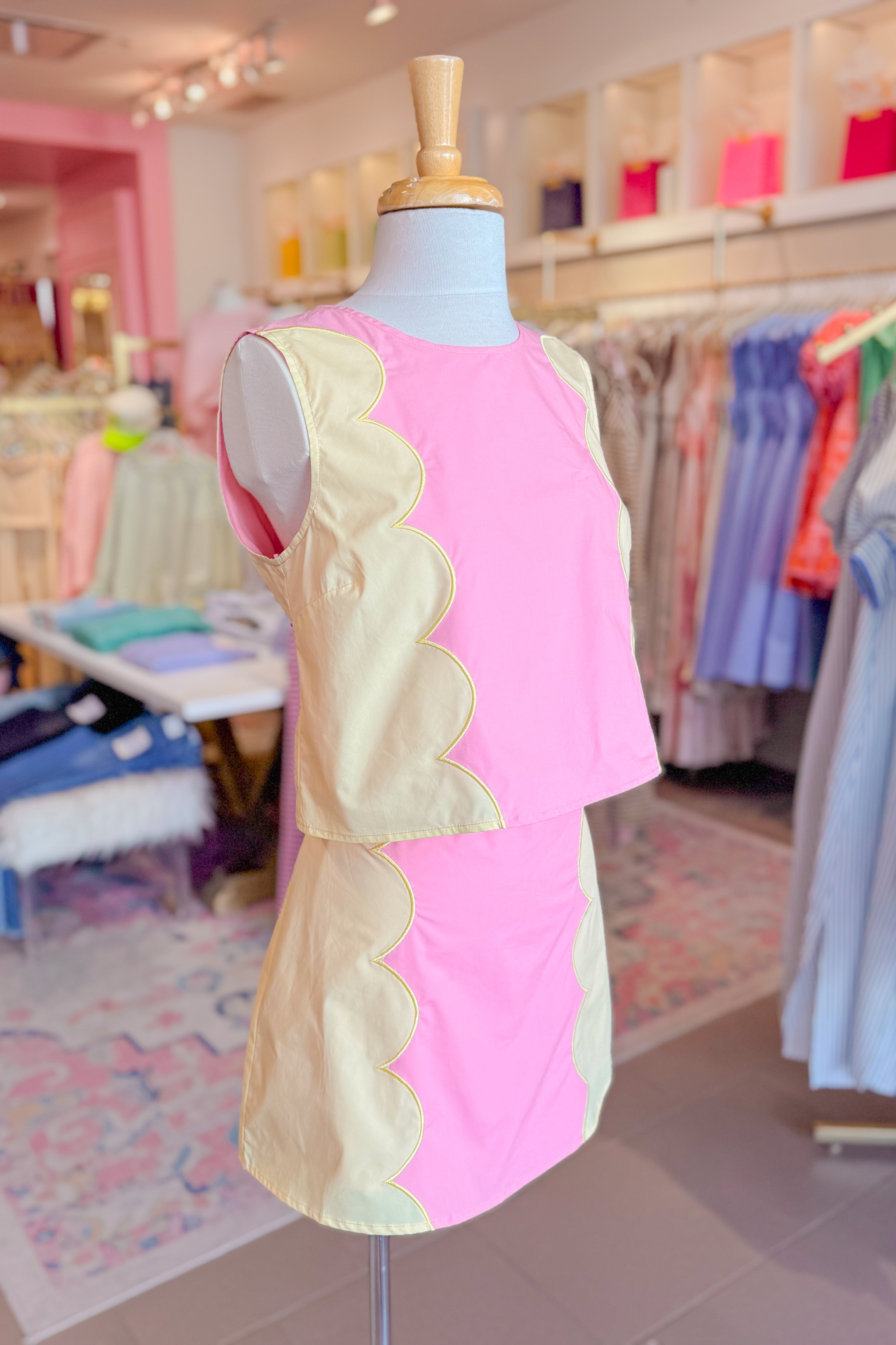 Pink and Yellow Scallop Detail Mini Skirt Set