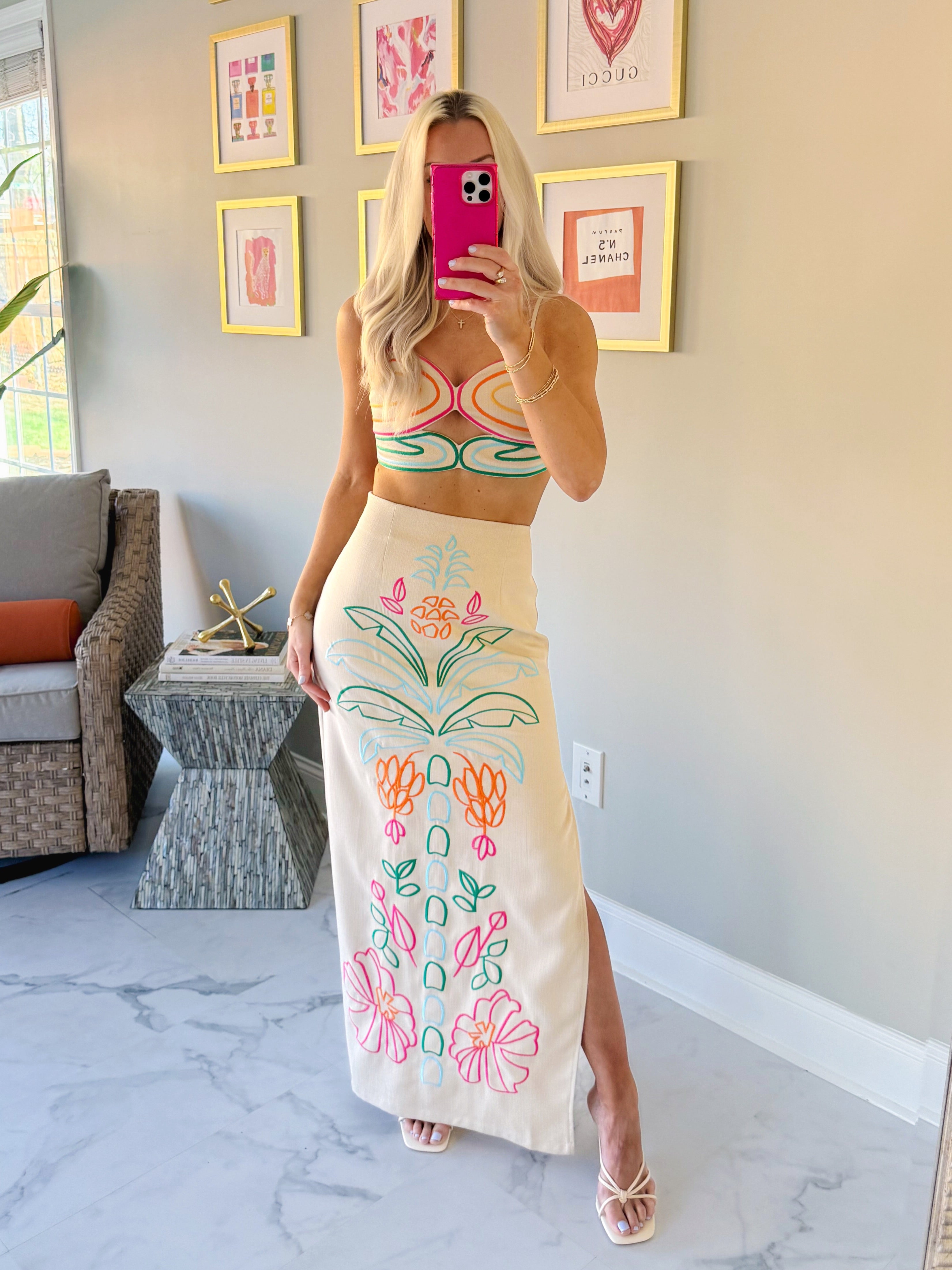 Colorful Embroidered Linen Skirt and Top Set