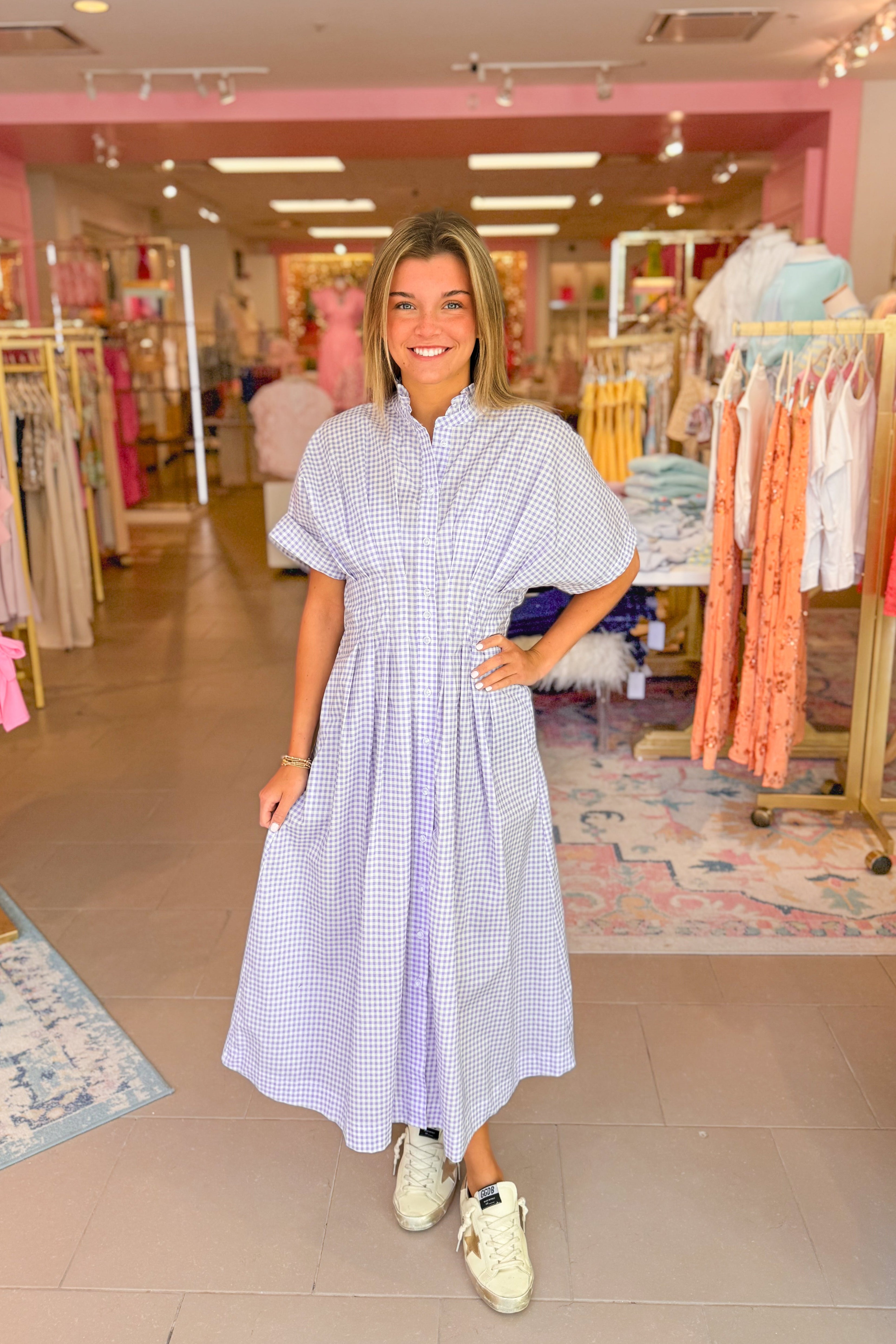 Purple Gingham Cinched Waist Midi Dress