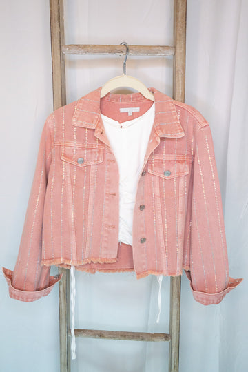Pink Kyler Rhinestone Raw Hem Denim Jacket