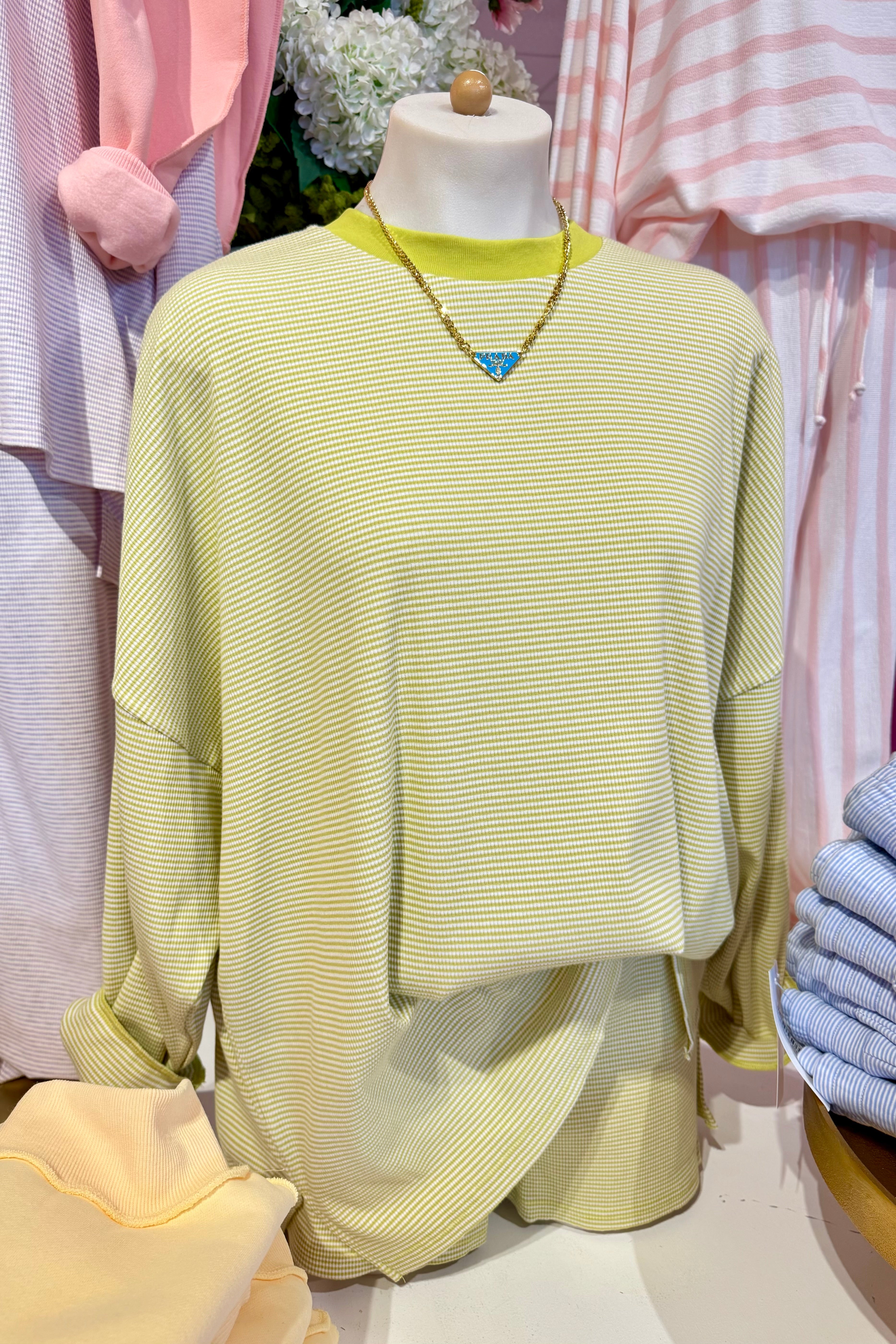 Lime Green Striped Long Sleeve Oversized Top and Shorts Set