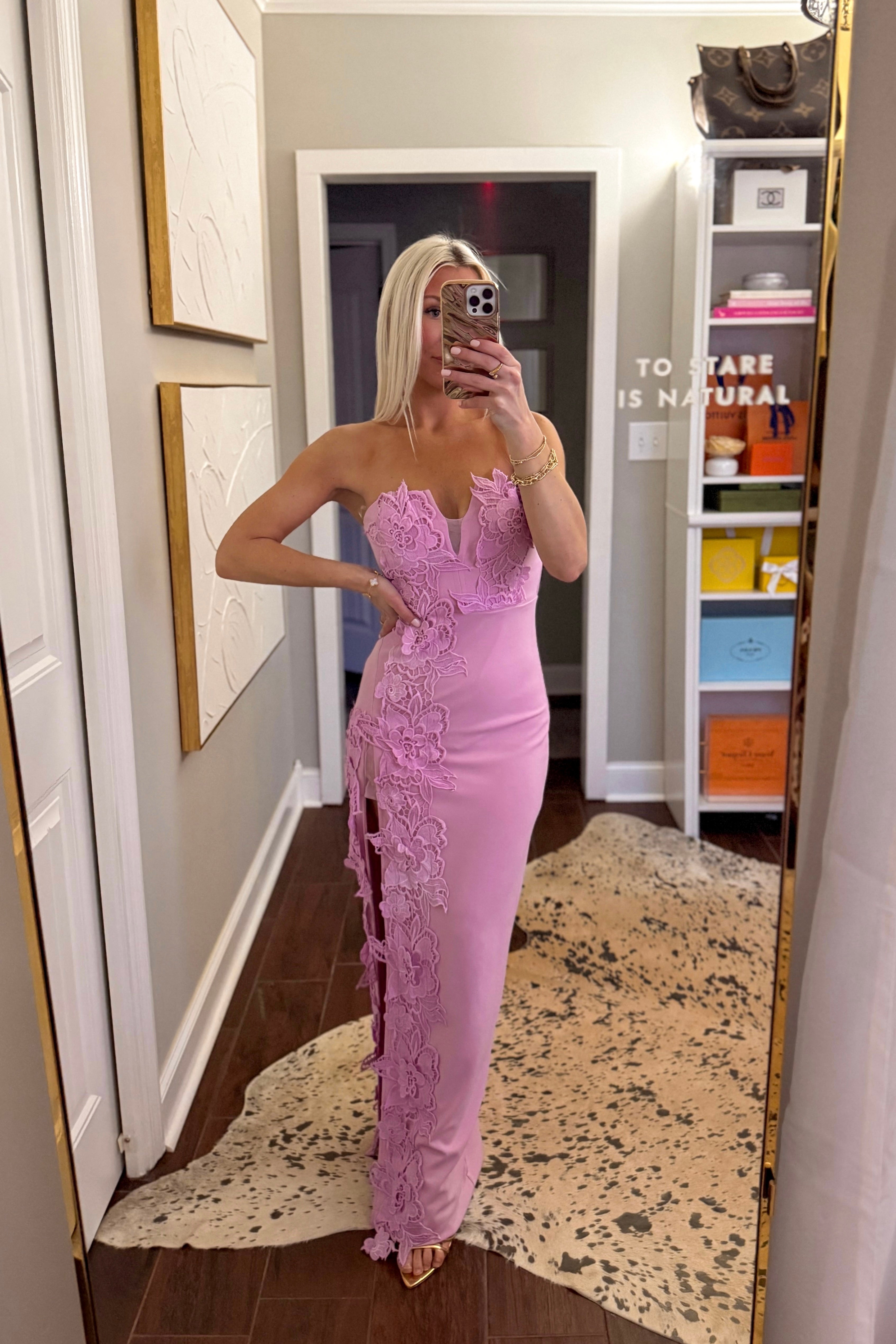 Floral Appliqu¨¦ Maxi Dress With Slit - Pink