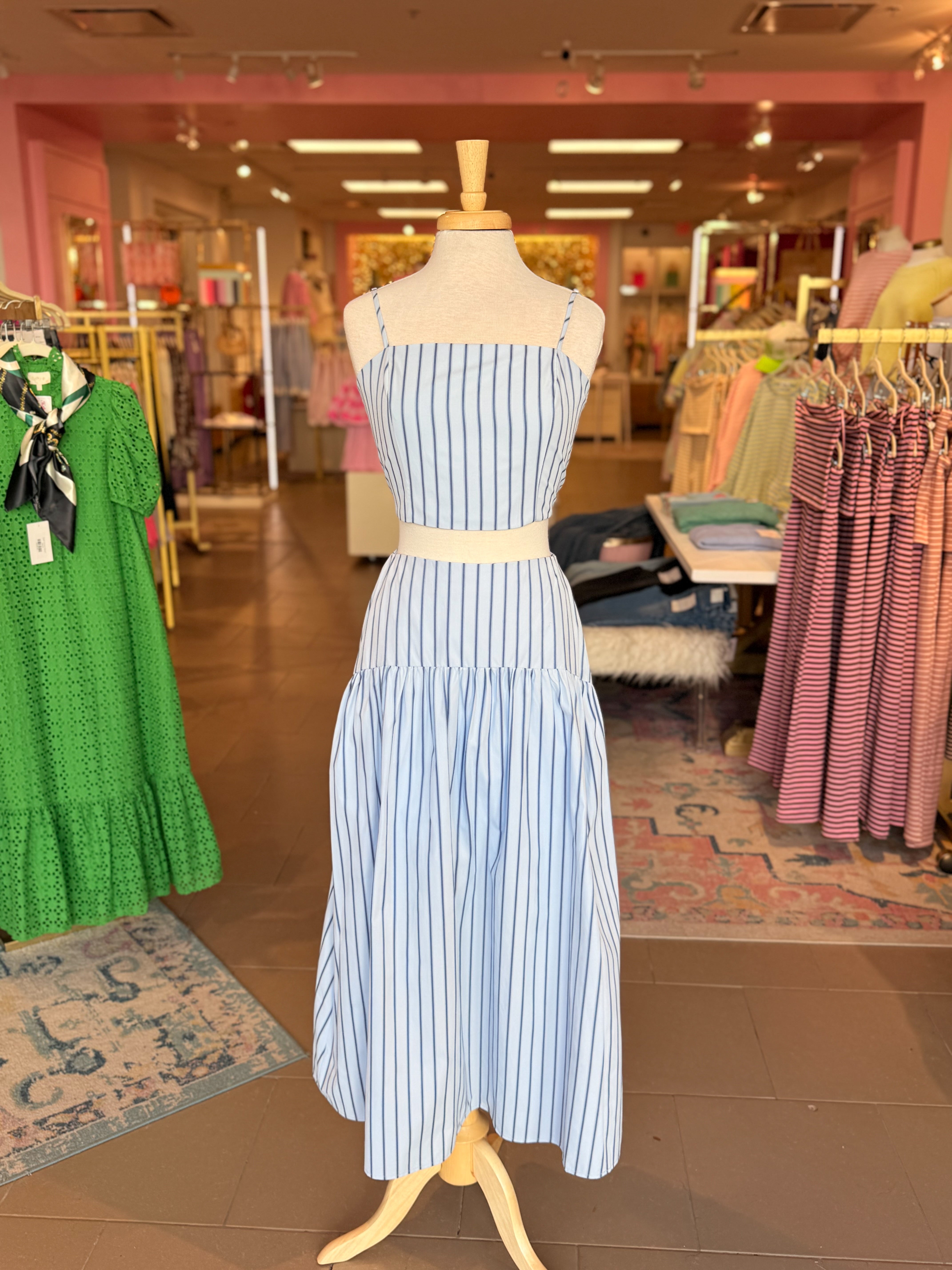 Blue Striped Top and Midi Skirt Set