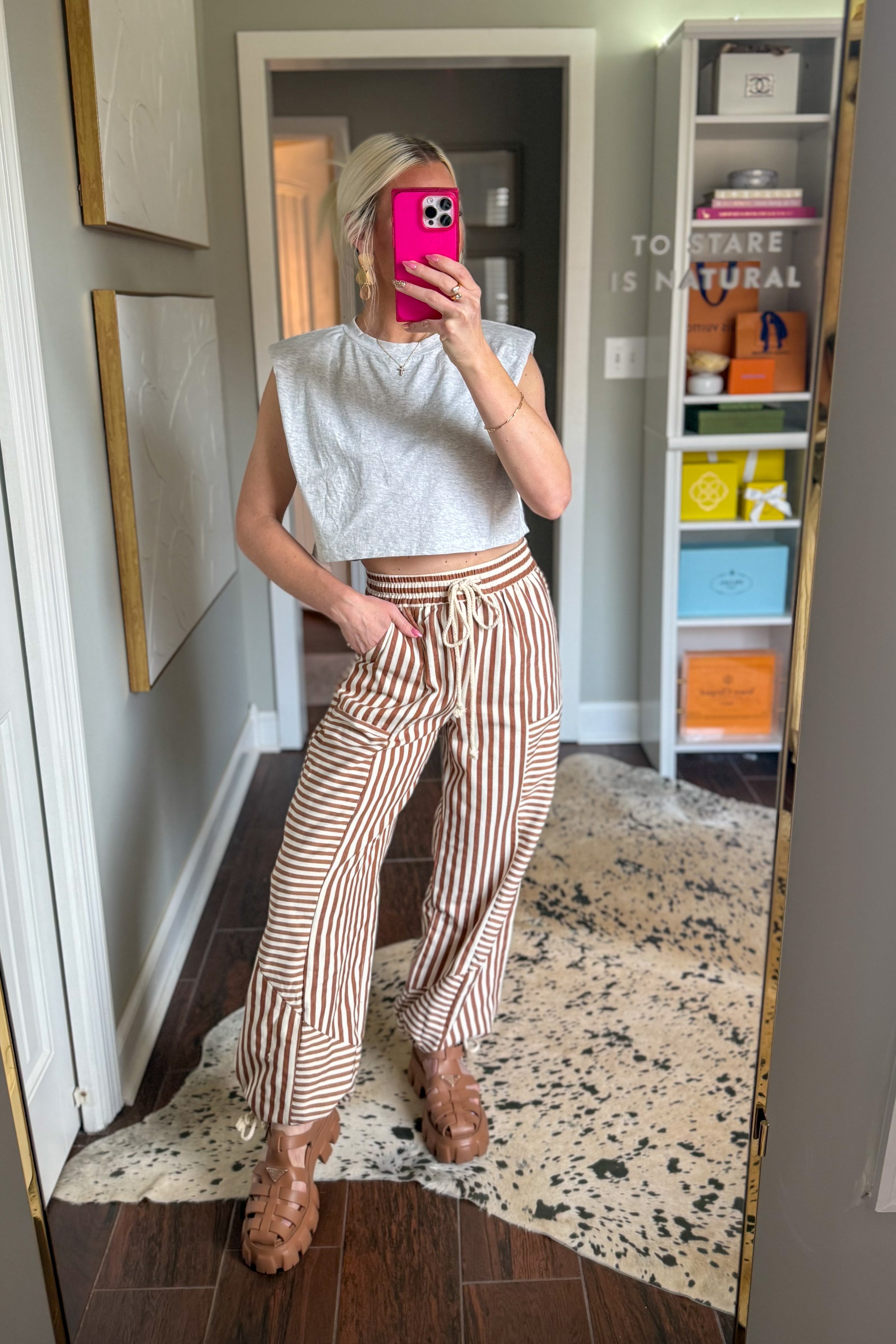 Brown Striped Drawstring Pants